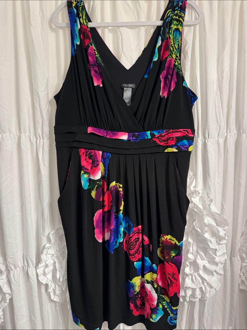 Bisou Bisou Black Midi Dress with Vibrant Floral Accents
